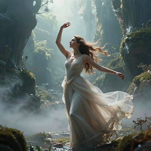 Photograph of a fair-skinned woman with long, flowing brown hair, wearing a translucent white gown, dancing gracefully in a misty, enchanted forest