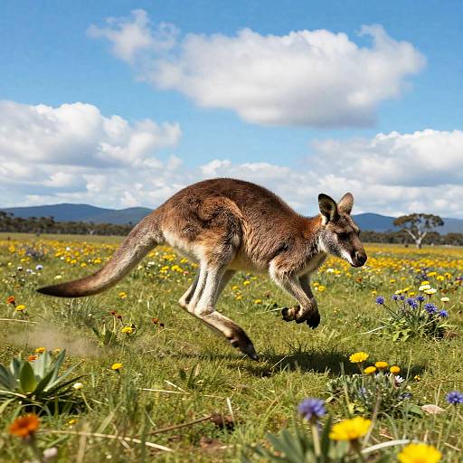 Photograph of a brown kangaroo walking through a vibrant meadow with yellow and purple wildflowers, under a bright blue sky with fluffy white clouds and