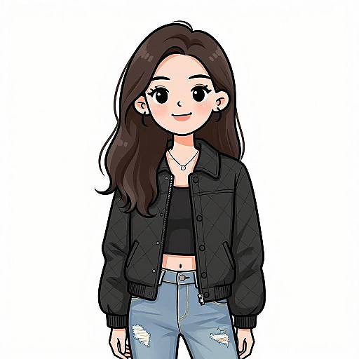 Digital anime-style drawing of a cute young woman with long dark brown hair, wearing a black quilted jacket, black crop top, and ripped blue jeans
