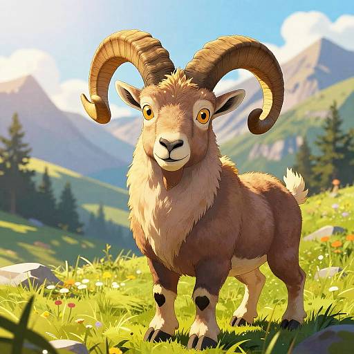 CGI illustration of a cute, brown-furred goat with large, curved horns standing in a sunny, mountainous meadow filled with wildflowers.