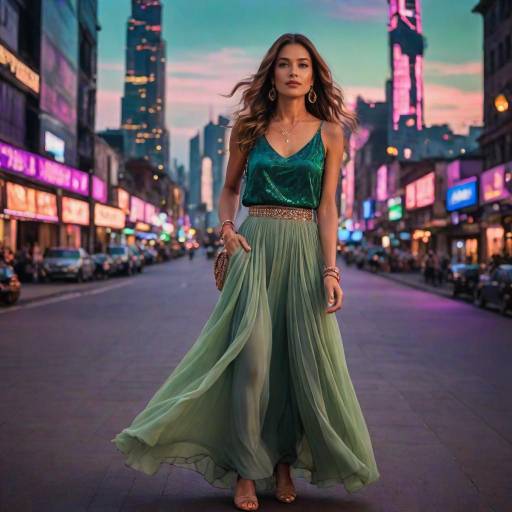 Stylish Woman in Green and Purple Outfit with Urban Night Skyline