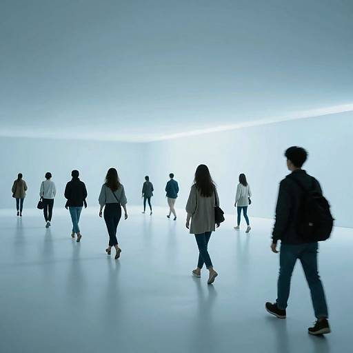 Photograph of a modern, brightly lit white-walled gallery with silhouetted people walking, wearing casual clothes, creating a minimalist, serene atmosphere