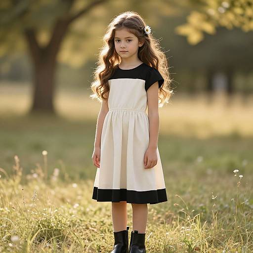 Photograph of a young girl with long brown hair, wearing a white dress with black trim, black boots, standing in a sunlit grassy field