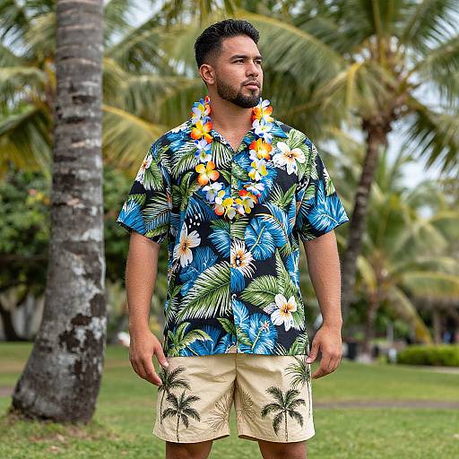 Male Hawaiian Outfit with Floral Necklace
