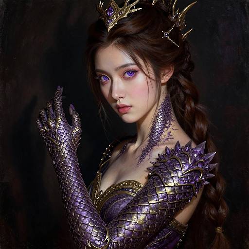 Digital painting of a beautiful, ethereal woman with purple scales, golden crown, and matching gloves, against a dark background. Her purple eyes and delicate