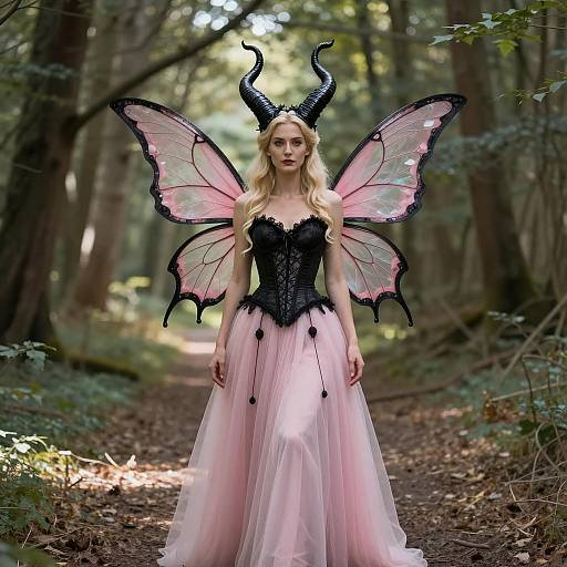 Blonde Woman in Evil Fairy Costume on Forest Path