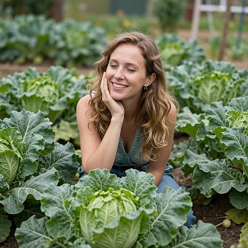 Photograph of a smiling, brown-haired woman with wavy hair, wearing a blue sleeveless top, kneeling among lush, green cabbage plants in a
