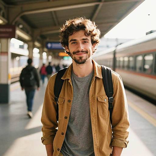 Photograph of a smiling bearded man with curly brown hair, wearing a tan jacket and gray shirt, standing on a sunlit train platform with blurred
