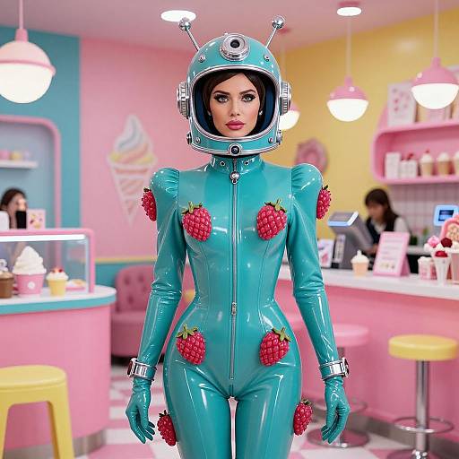Photorealistic digital art of a woman in a shiny, turquoise latex bodysuit with red strawberry decorations, wearing a futuristic helmet, standing in a