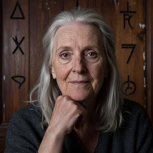 Photograph of an elderly woman with long white hair, wrinkled skin, and a gentle smile, resting her chin on her hand, wearing a black
