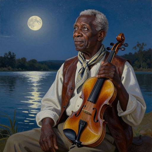 Photograph-style digital art of elderly Black man with grey hair, wearing white shirt and brown vest, playing violin by moonlit lake.