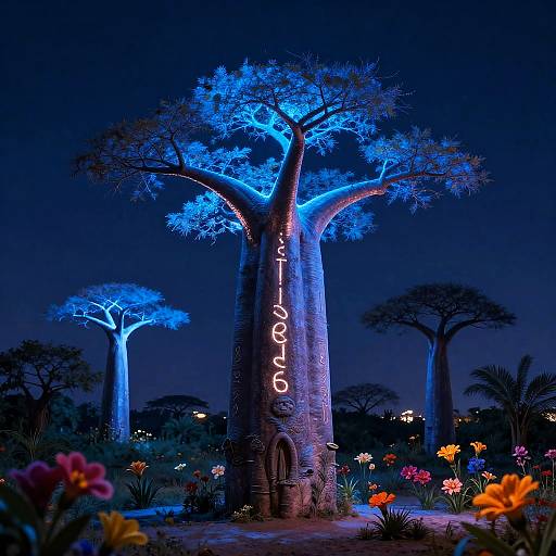 Radiant Sapphire Baobab in Luminous Wetlands