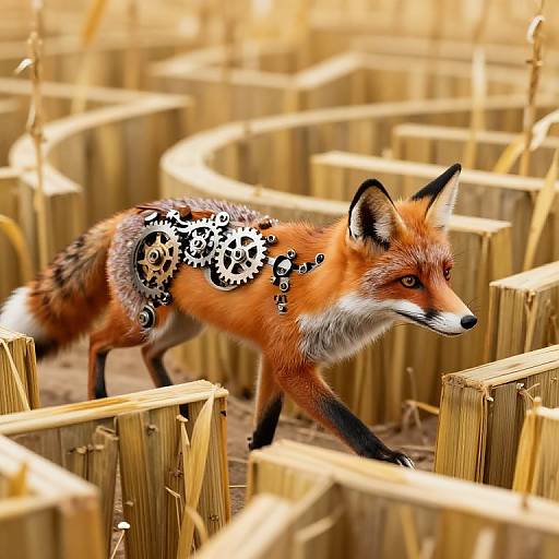 Photograph of a red fox with black and white spotted markings, walking through a maze of wooden posts in a sunlit field.