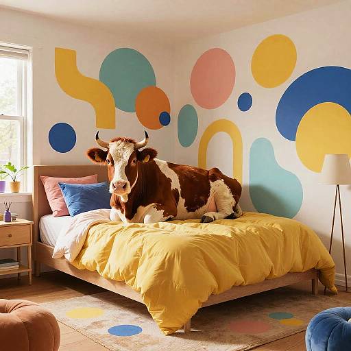 Surreal Cow in Fantasy Bedroom
