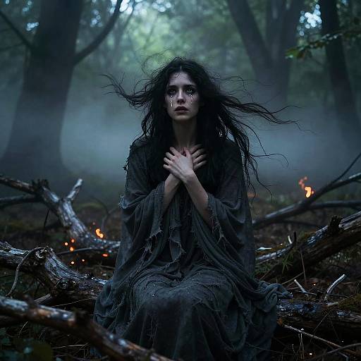 Photograph of a pale, dark-haired woman with wild hair, wearing a tattered, dark dress, kneeling in a misty, forested area