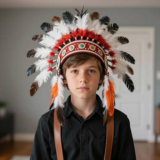 Boy Wearing Native American-Style Feather Headdress