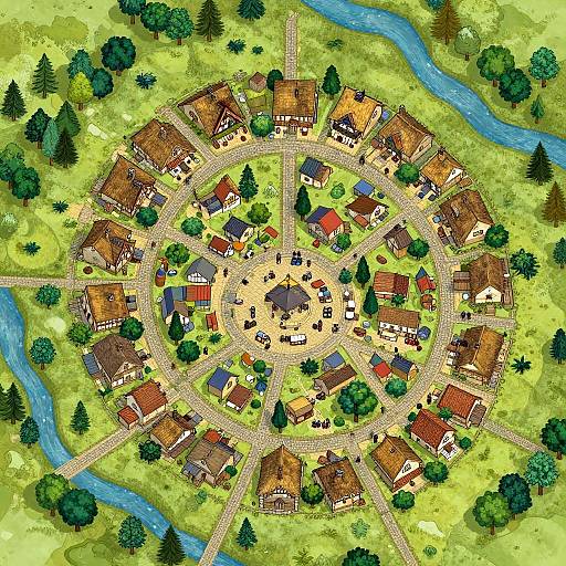 Aerial view of colorful, circular village with red, brown, and blue roofs, surrounded by green trees and a winding blue river.