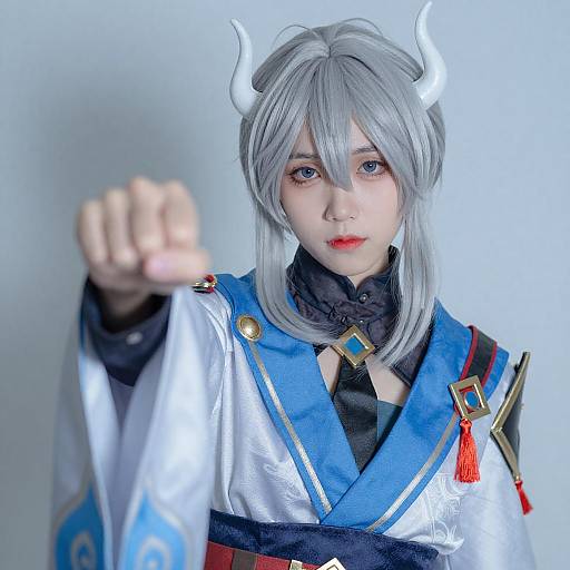 Anime Cosplay with Silver Hair and Horns