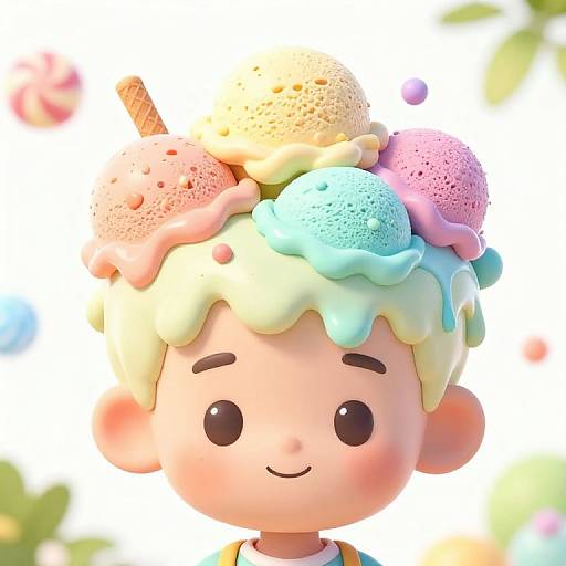 Cute CGI cartoon character with a smiling face, pink skin, and a colorful ice cream cone hat with three scoops.