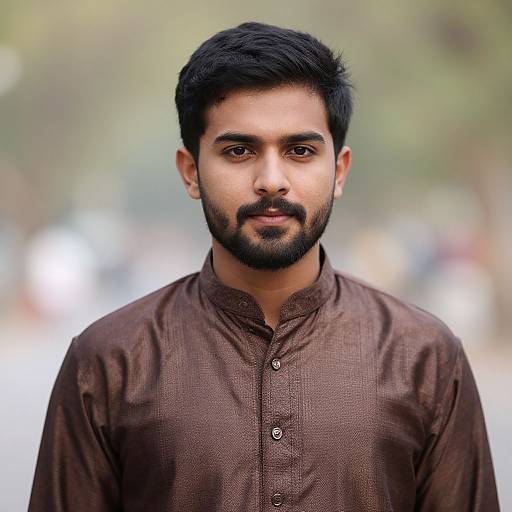 Photograph of a young South Asian man with medium brown skin, black hair, and a beard, wearing a brown button-up kurtah, against