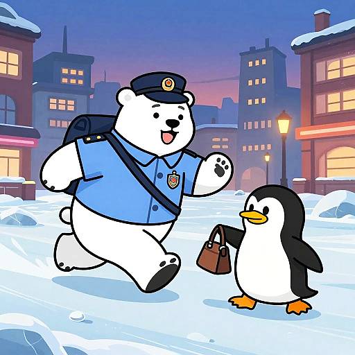 Cartoon polar bear police officer in blue uniform, hat, and badge, running through snowy city at dusk, with penguin holding brown bag.