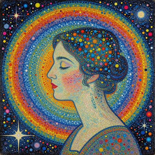 Vivid digital artwork of a serene woman with closed eyes, surrounded by a colorful, multicolored spiral galaxy, dotted with stars and bright dots.
