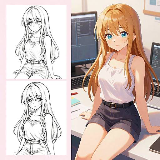 Digital anime-style artwork: colored image of a blonde girl with blue eyes, white tank top, and black shorts, sitting at a desk, next to