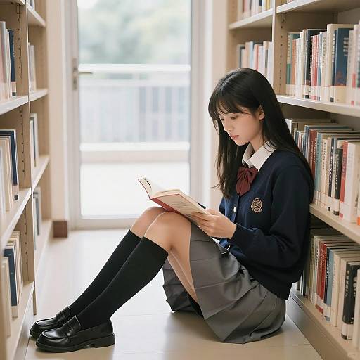 Asian Girl Reading in Book-filled Library