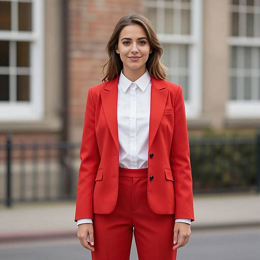 Photograph of a young woman with wavy brown hair, wearing a vibrant red blazer and pants with a white shirt, standing in front of a
