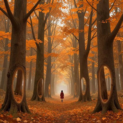 Photograph of a person in a red coat walking down a misty forest path lined with tall trees with large, oval-shaped hollows and vibrant orange