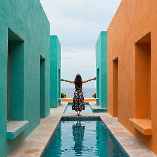 Photograph of a woman with dark hair in a floral dress, arms outstretched, standing poolside in a colorful, modern courtyard with turquoise and