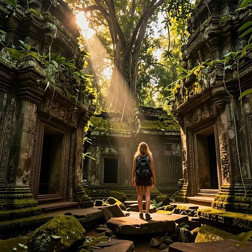 Photograph of a young woman with long blonde hair, wearing a black backpack and shorts, standing in a sunlit ancient, moss-covered temple courtyard with
