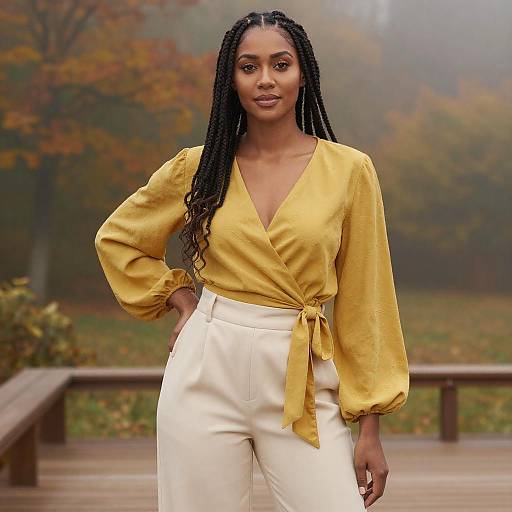 Photograph of a Black woman with long braids, wearing a yellow V-neck blouse tied at the waist and white high-waisted pants, standing