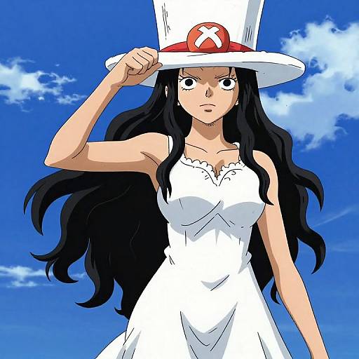 Digital anime-style drawing of a serious black-haired woman in a white dress and tall white hat with an 