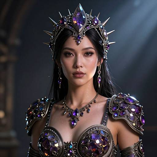 Digital fantasy portrait of an Asian woman with long black hair, wearing a spiked, gem-encrusted crown and matching armor, under dim, mystical