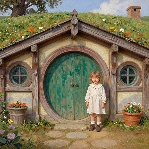 Digital painting of a young girl with curly brown hair, wearing a white dress and brown boots, standing in front of a whimsical, green, round