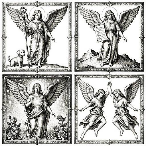 Black and white illustration of four winged angel figures in classical robes, each in a different pose, holding a scroll or standing with a dog, framed