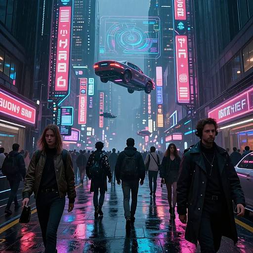 Neon-lit cyberpunk city street at night, with flying car, diverse pedestrians, and vivid red, blue, and pink illuminated signs reflecting on