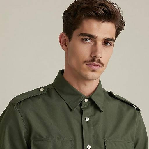 Young Man in Dark Green Military-Style Shirt