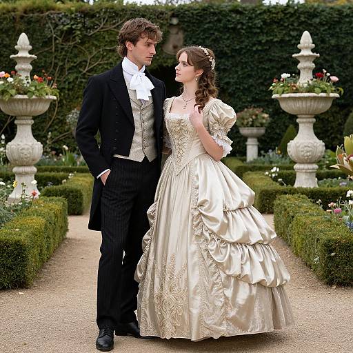 Photograph of a romantic garden scene: a brunette man in a black tux and white cravat, standing beside a brunette woman in a cream