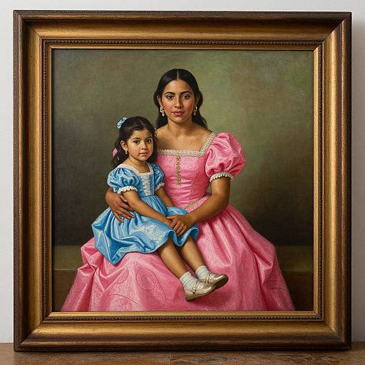 Photograph of a framed painting: South Asian woman in pink dress, seated with young daughter in blue dress, dark background.
