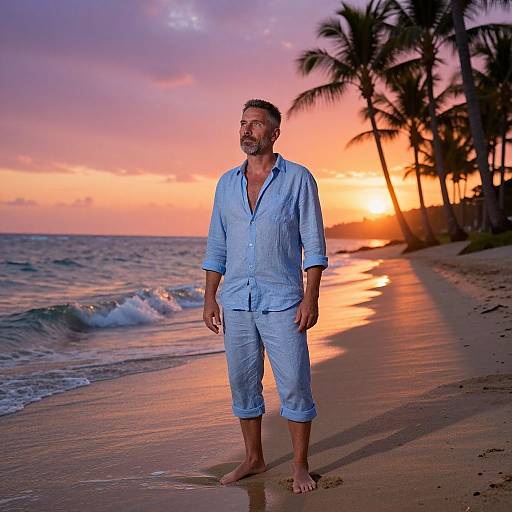 Photograph of a bearded man in light blue shirt and pants, standing barefoot on a tropical beach at sunset, with palm trees and colorful sky