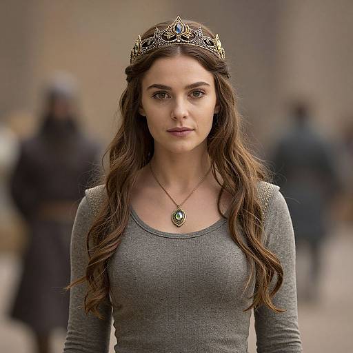 Photograph of a young woman with long brown hair, wearing a gold tiara, gray long-sleeve top, and green pendant necklace, standing