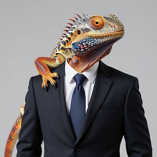 Photograph of a colorful, detailed iguana with orange, blue, and white scales, wearing a black suit, white shirt, and navy tie