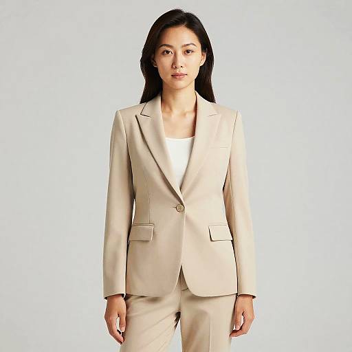 Photograph of an Asian woman with straight black hair, wearing a beige blazer and white top, standing against a white background.
