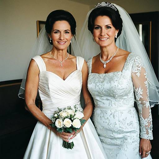 Photograph of two smiling middle-aged women in white wedding dresses, one with a strapless gown holding a bouquet, the other with lace sleeves and a