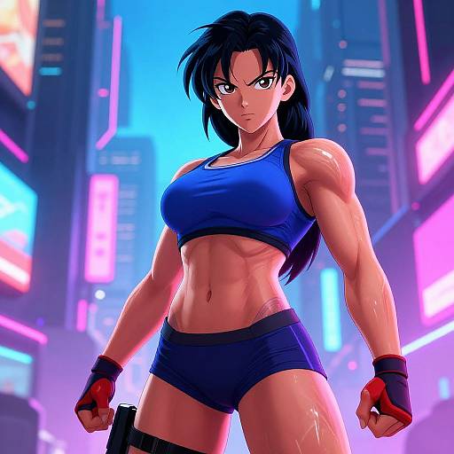 Muscular Anime Woman in Neon City