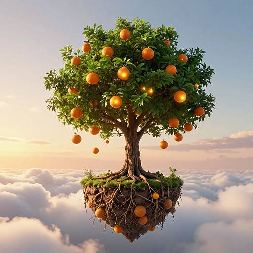 Floating orange tree with ripe oranges, detailed roots, and glowing orbs, set against a serene sky and fluffy cloud background.