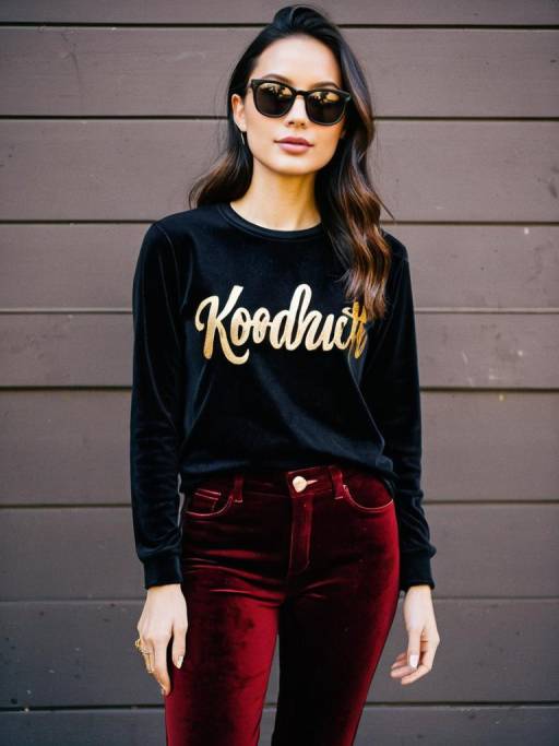 Woman in Black Graphic Tee and Red Velvet Pants