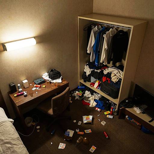 Overhead View of Messy Hotel Room